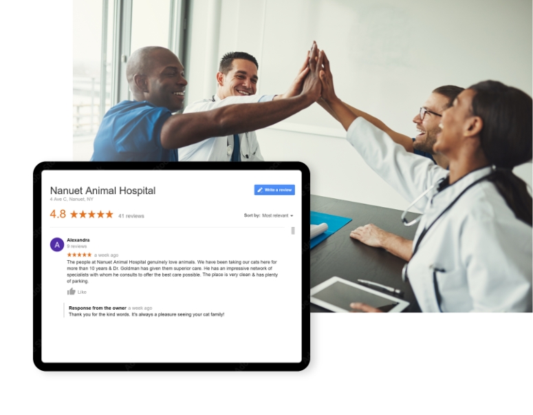 Vet team celebrating a good review of their practice on Google Reviews